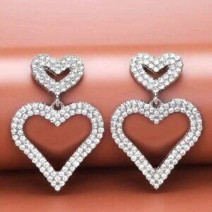 Heart Earrings Rhinestones Dangle Sparkle Hollywood Glam Double Love Romance NEW